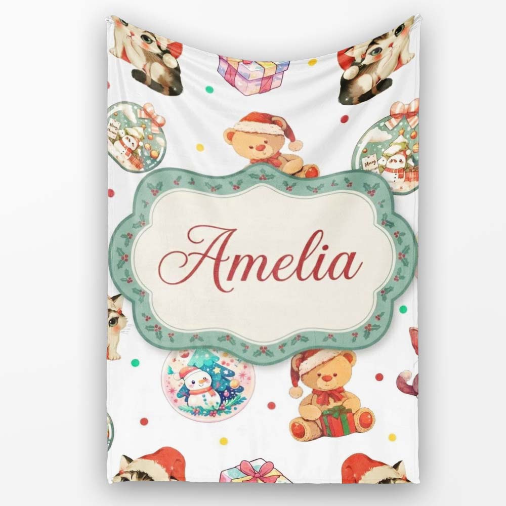 Cute Christmas Cats Teddy Grey Background Seamless Pattern Name Personalised Custom Name Super Soft Fleece Blanket Bed Sofa Throw