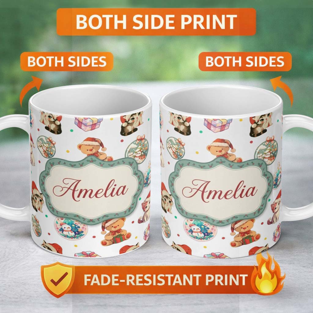 Personalized Custom Name Cute Christmas Cats Teddy Grey Background Seamless Pattern Name 11oz Ceramic Coffee Tea Mug White Large Handle