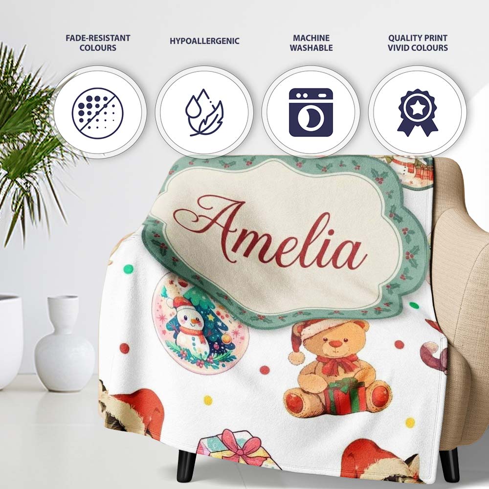 Cute Christmas Cats Teddy Grey Background Seamless Pattern Name Personalised Custom Name Super Soft Fleece Blanket Bed Sofa Throw