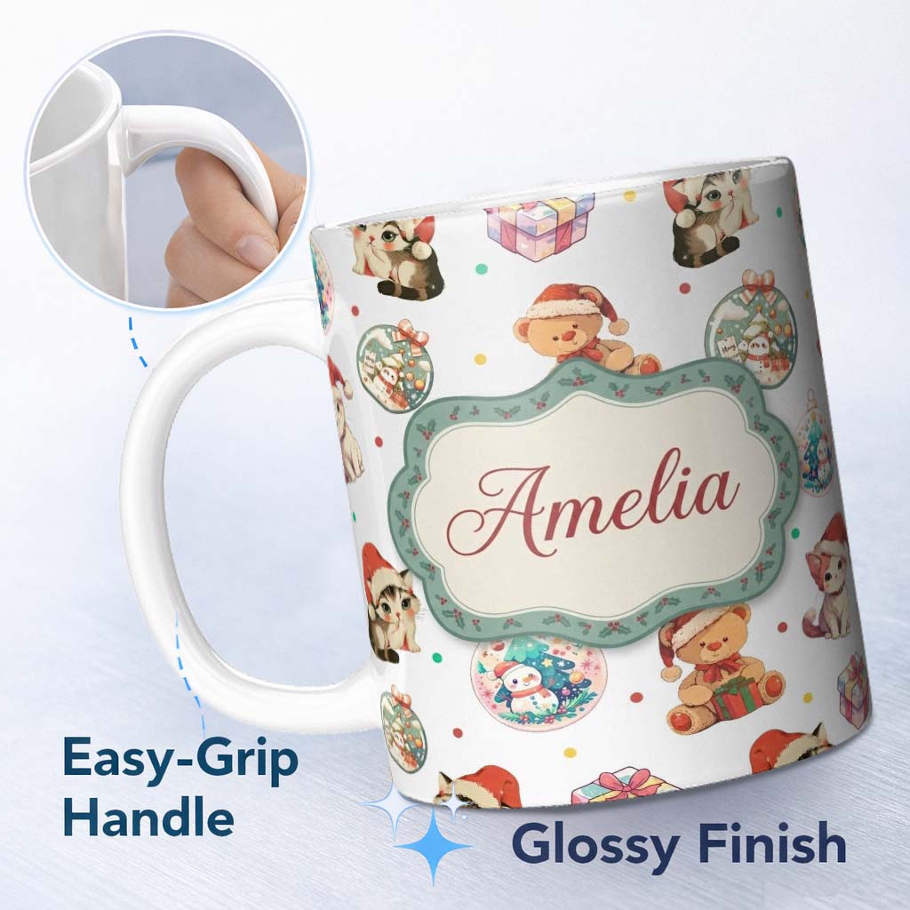 Personalized Custom Name Cute Christmas Cats Teddy Grey Background Seamless Pattern Name 11oz Ceramic Coffee Tea Mug White Large Handle