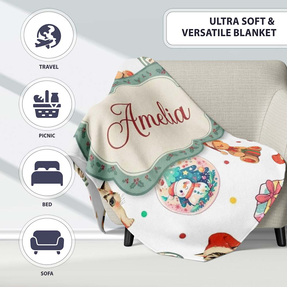 Cute Christmas Cats Teddy Grey Background Seamless Pattern Name Personalised Custom Name Super Soft Fleece Blanket Bed Sofa Throw
