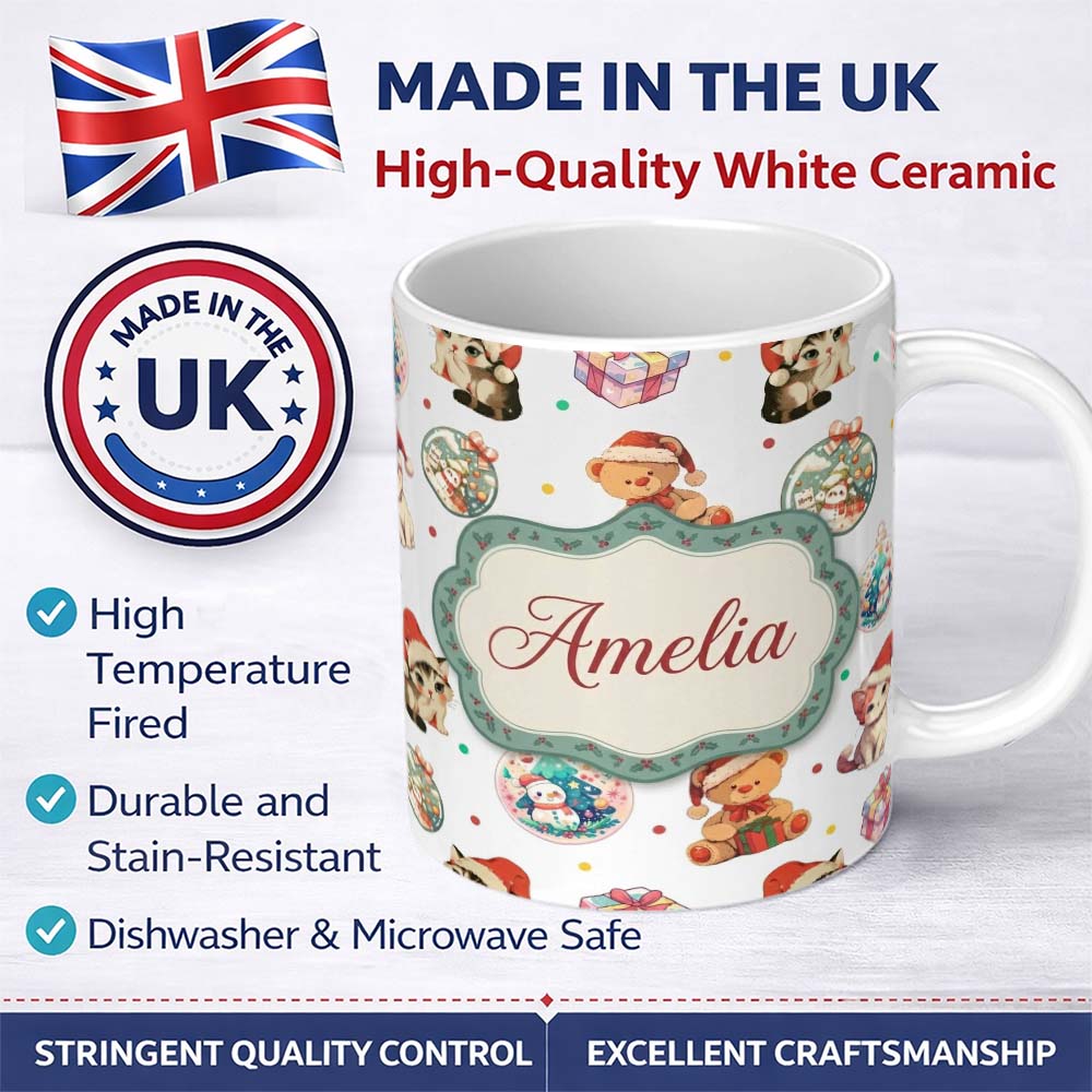 Personalized Custom Name Cute Christmas Cats Teddy Grey Background Seamless Pattern Name 11oz Ceramic Coffee Tea Mug White Large Handle