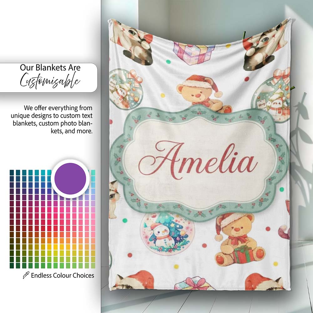 Cute Christmas Cats Teddy Grey Background Seamless Pattern Name Personalised Custom Name Super Soft Fleece Blanket Bed Sofa Throw
