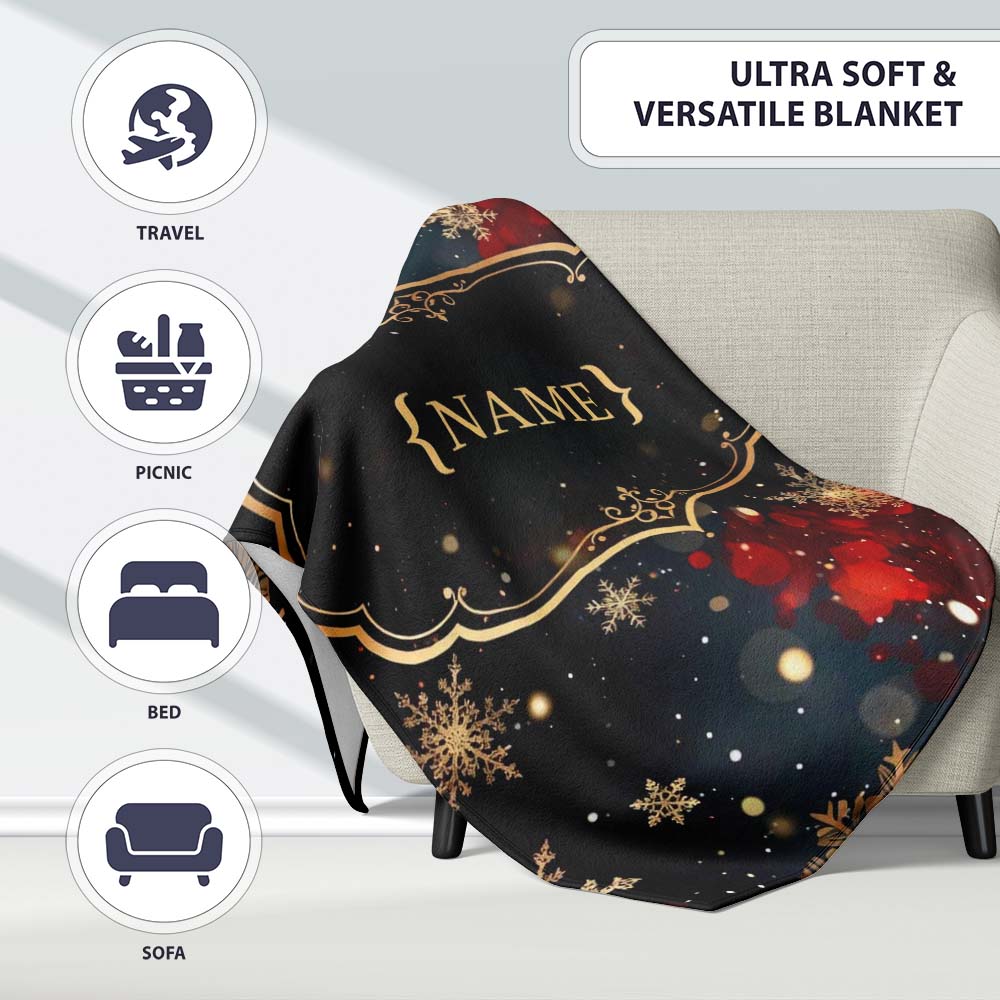 Dark Festive Snowflake Sparkle Seamless Pattern Perfect Gift for Her Personalised Custom Name Super Soft Fleece Blanket Bed Sofa Throw