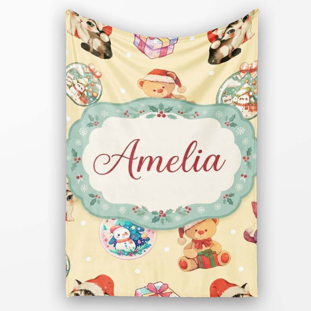 Cute Christmas Cats Teddy Yellow Background Seamless Pattern Name Personalised Custom Name Super Soft Fleece Blanket Bed Sofa Throw