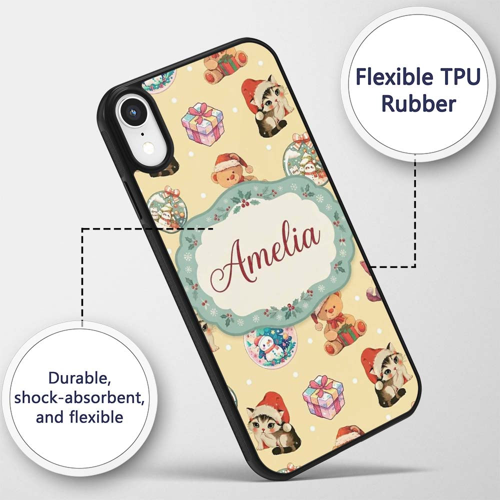Cute Christmas Cats Teddy Yellow Printed Design Custom Name Protective Phone Case Mobile Cover Durable Everyday Smartphone Shock Resistant