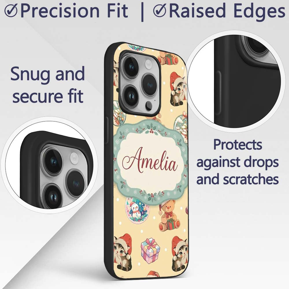 Cute Christmas Cats Teddy Yellow Printed Design Custom Name Protective Phone Case Mobile Cover Durable Everyday Smartphone Shock Resistant
