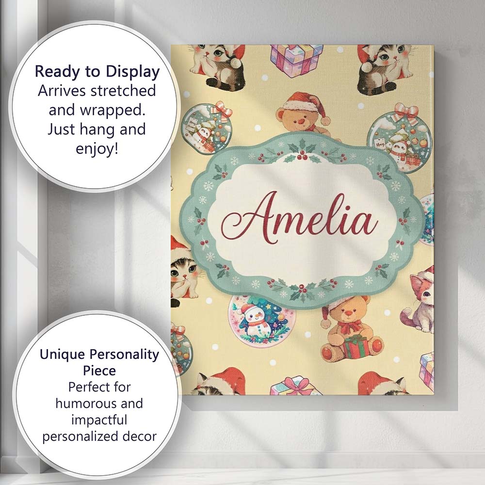 Personalised Name Cute Christmas Cats Teddy Custom Bespoke Interior Contemporary Canvas Wall Art Print Decor Picture Ready to Hang
