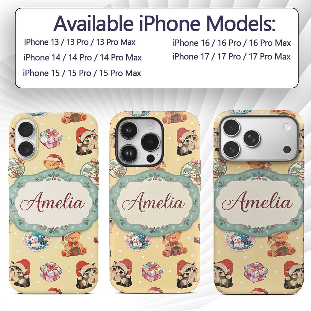 Cute Christmas Cats Teddy Yellow Printed Design Custom Name Protective Phone Case Mobile Cover Durable Everyday Smartphone Shock Resistant