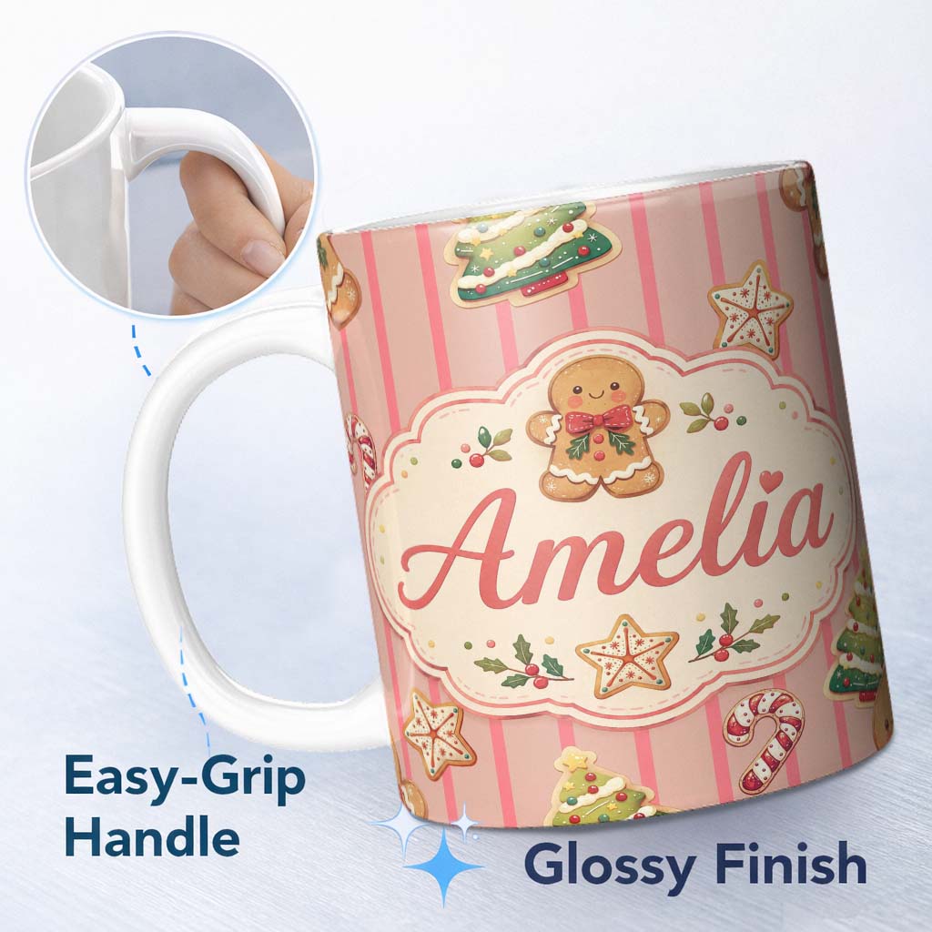 Personalized Custom Name Cute Gingerbread Christmas Cookies Seamless Pattern Name Unique Gift 11oz Ceramic Coffee Tea Mug White Large Handle