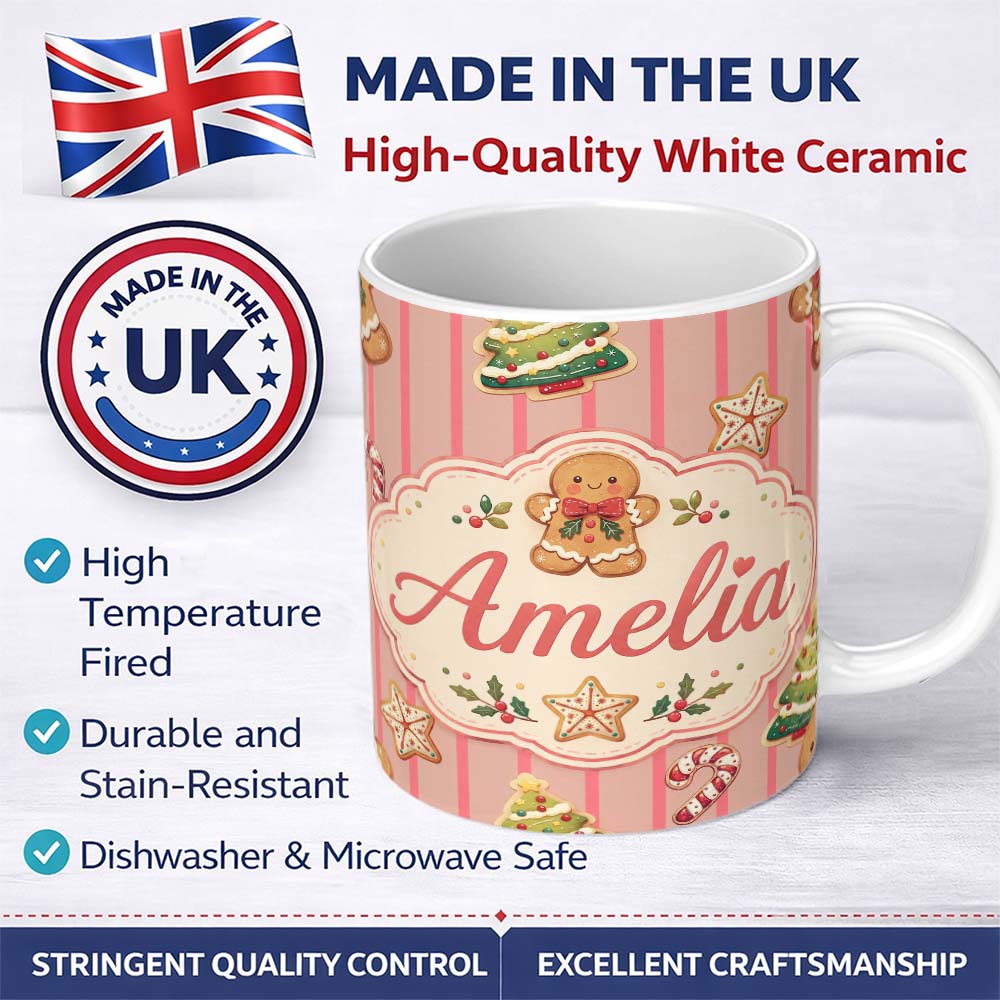 Personalized Custom Name Cute Gingerbread Christmas Cookies Seamless Pattern Name Unique Gift 11oz Ceramic Coffee Tea Mug White Large Handle