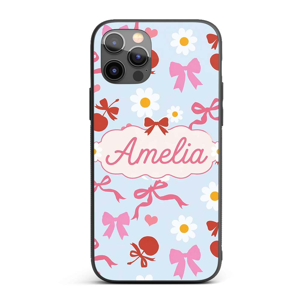 Cute Cherry Bow Daisy Heart Seamless Pattern on Custom Name Protective Phone Case Mobile Cover Durable Everyday Smartphone Shock Resistant