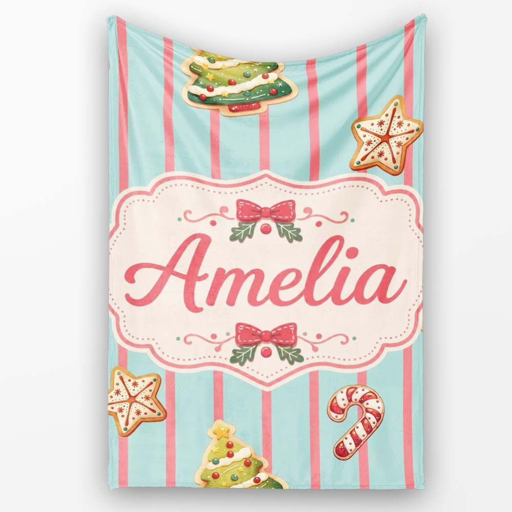 Cute Christmas Gingerbread Cookies Candy Cane Seamless Pattern Personalised Custom Name Super Soft Fleece Blanket Bed Sofa Throw