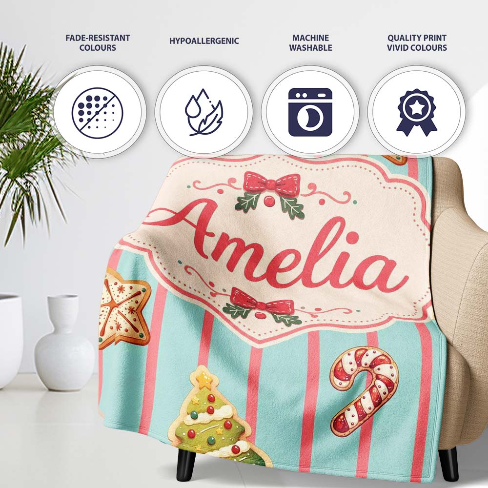 Cute Christmas Gingerbread Cookies Candy Cane Seamless Pattern Personalised Custom Name Super Soft Fleece Blanket Bed Sofa Throw