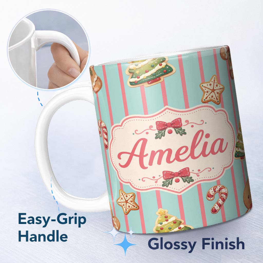 Personalized Custom Name Cute Christmas Gingerbread Cookies Candy Cane Seamless Pattern 11oz Ceramic Coffee Tea Mug White Large Handle