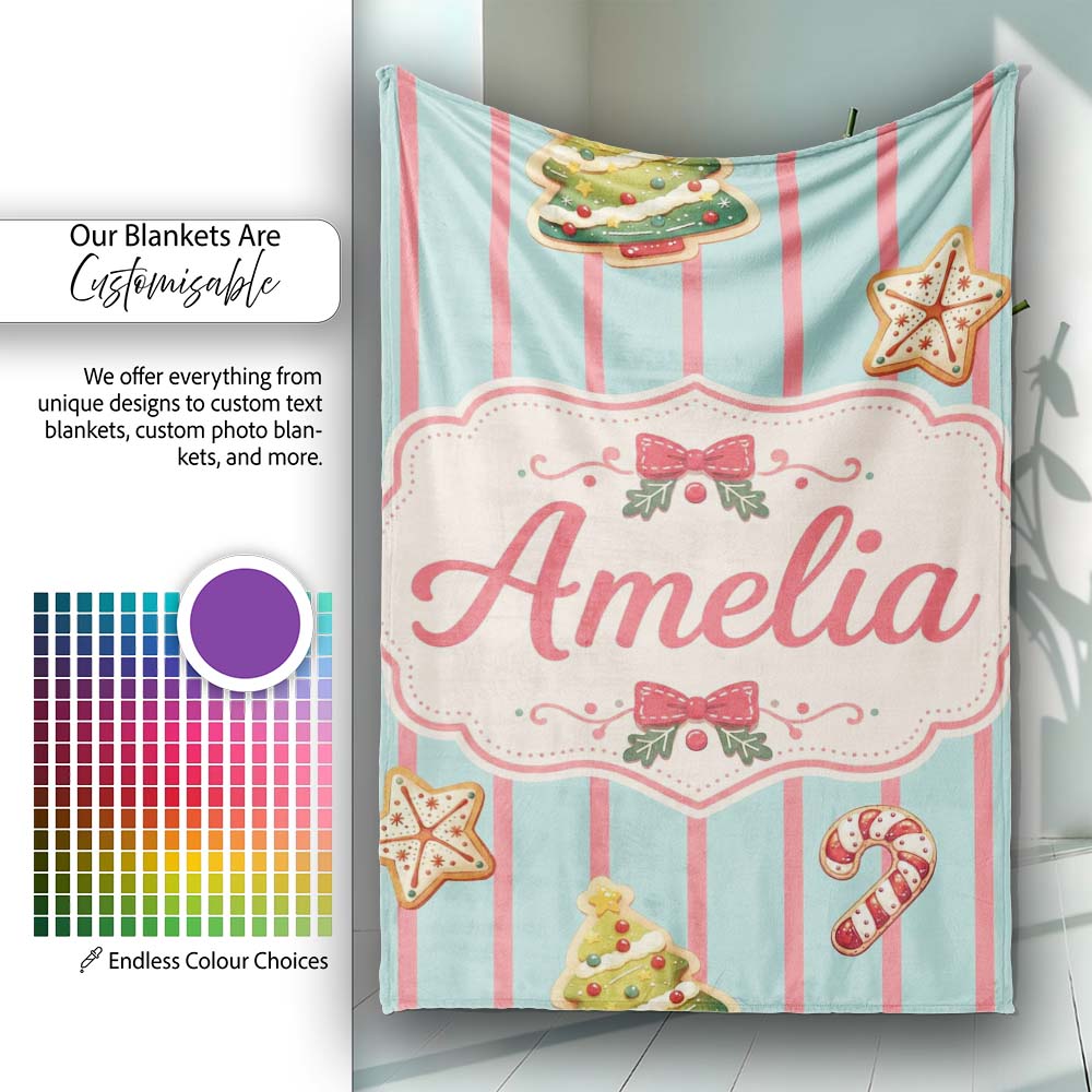 Cute Christmas Gingerbread Cookies Candy Cane Seamless Pattern Personalised Custom Name Super Soft Fleece Blanket Bed Sofa Throw