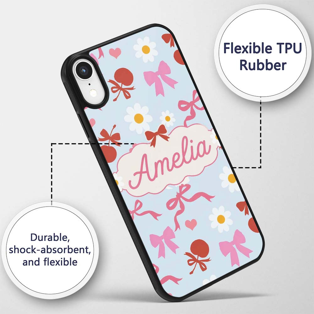 Cute Cherry Bow Daisy Heart Seamless Pattern on Custom Name Protective Phone Case Mobile Cover Durable Everyday Smartphone Shock Resistant
