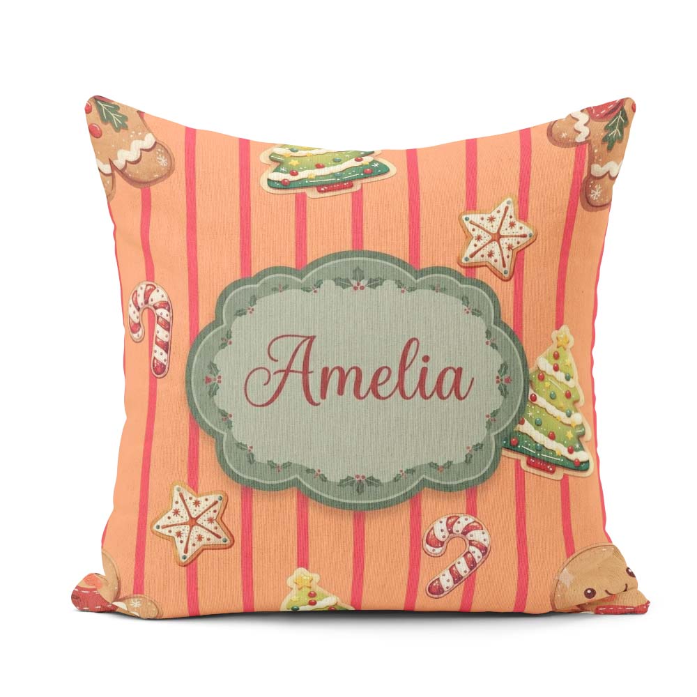 Custom Name Cute Christmas Gingerbread Cookies Orange Background Square Filled Cushion Throw Pillow Sofa Bed Home Decor Zip Washable UK Made
