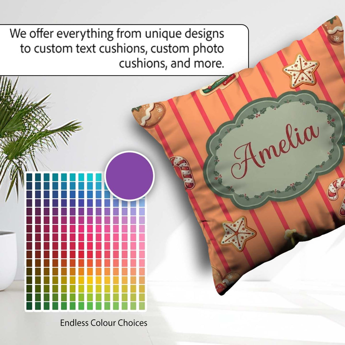 Custom Name Cute Christmas Gingerbread Cookies Orange Background Square Filled Cushion Throw Pillow Sofa Bed Home Decor Zip Washable UK Made
