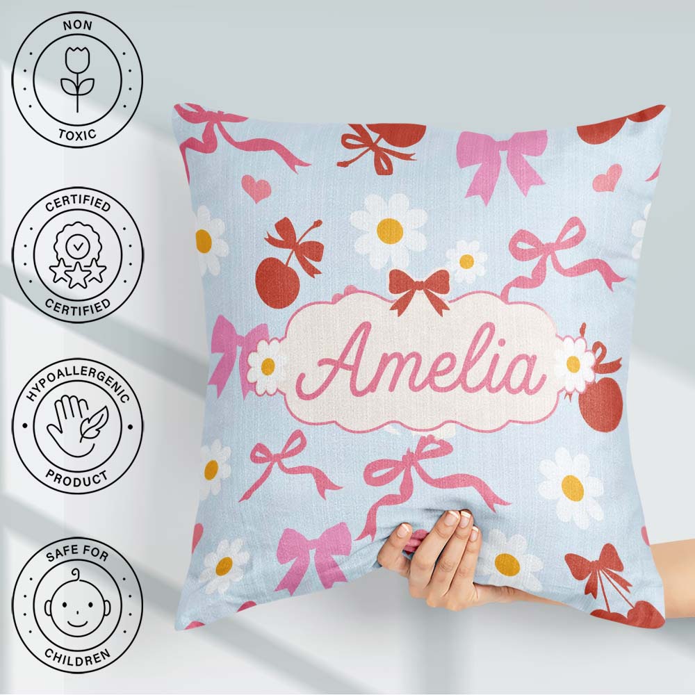 Custom Name Cute Cherry Bow Daisy Heart Seamless Pattern on Blue Square Filled Cushion Throw Pillow Sofa Bed Home Decor Zip Washable UK Made