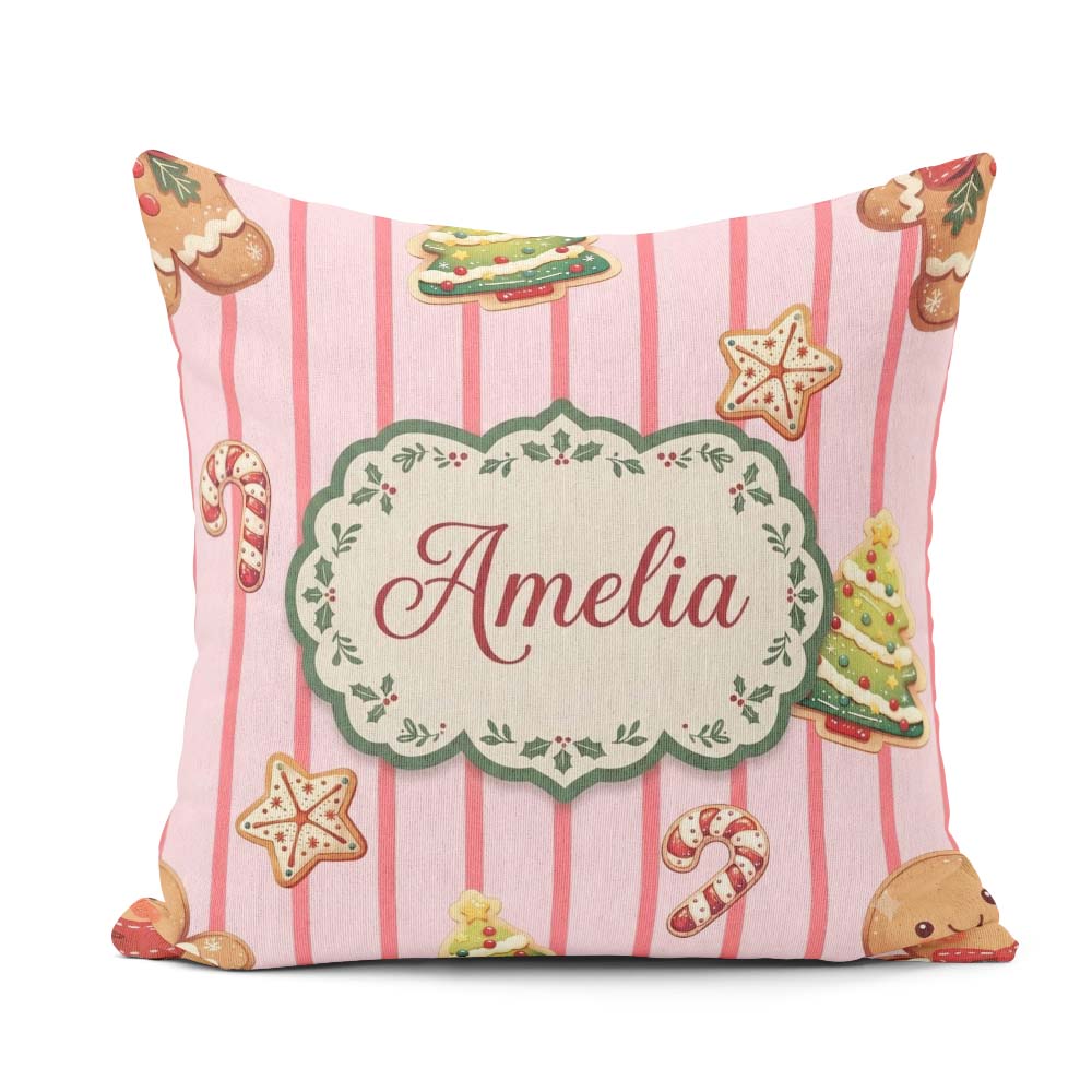 Custom Name Christmas Gingerbread Cookies Soft Pink Pattern Name Square Filled Cushion Throw Pillow Sofa Bed Home Decor Zip Washable UK Made