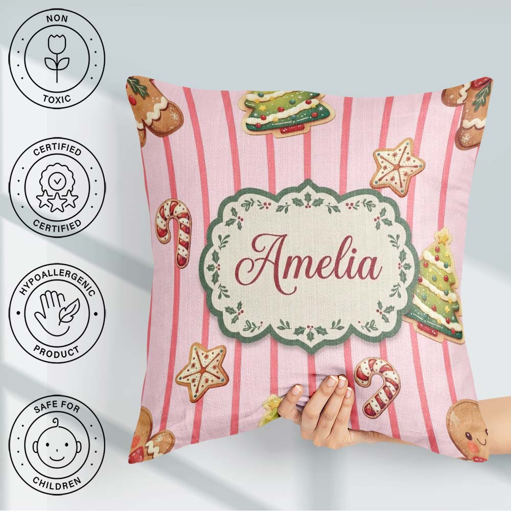 Custom Name Christmas Gingerbread Cookies Soft Pink Pattern Name Square Filled Cushion Throw Pillow Sofa Bed Home Decor Zip Washable UK Made