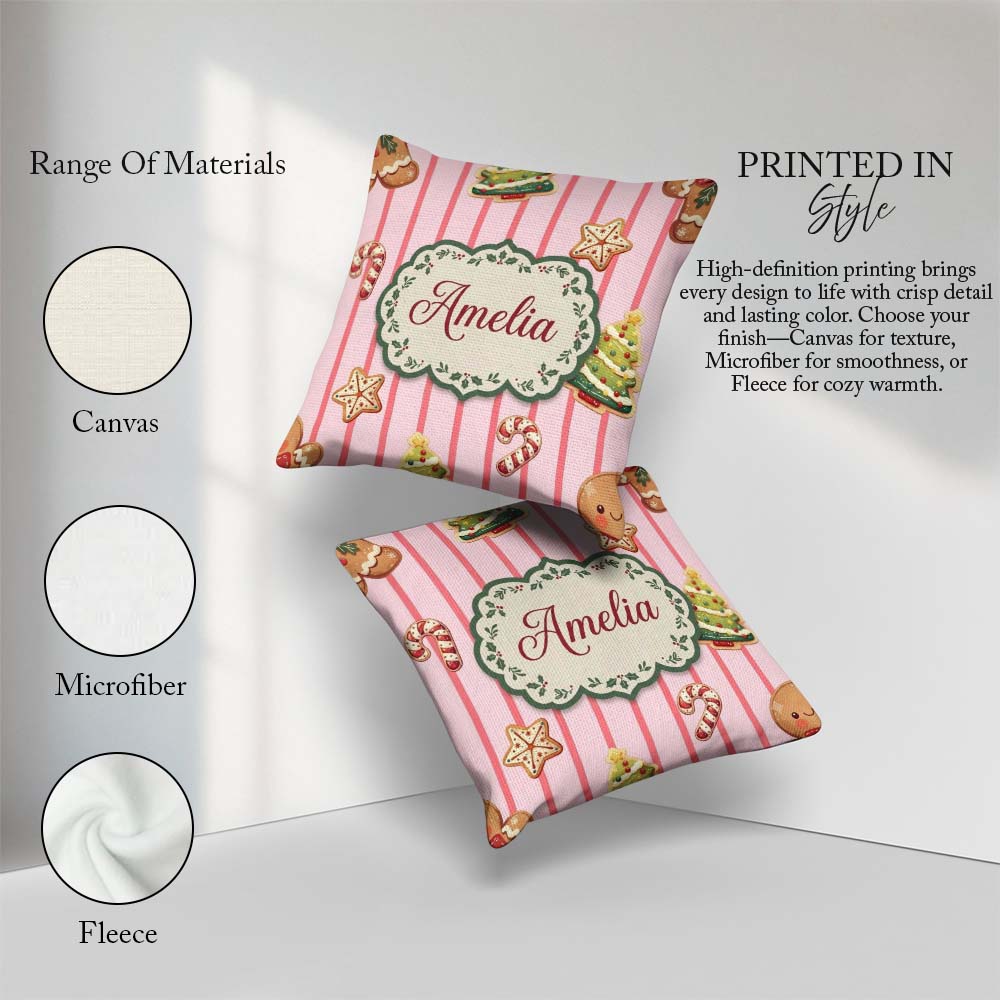 Custom Name Christmas Gingerbread Cookies Soft Pink Pattern Name Square Filled Cushion Throw Pillow Sofa Bed Home Decor Zip Washable UK Made