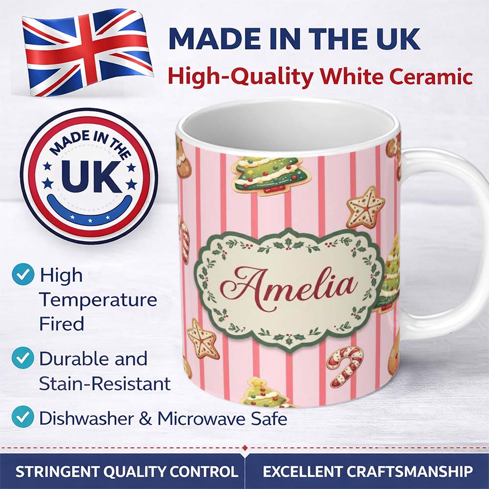 Personalized Custom Name Cute Christmas Gingerbread Cookies Soft Pink Seamless Pattern Name 11oz Ceramic Coffee Tea Mug White Large Handle