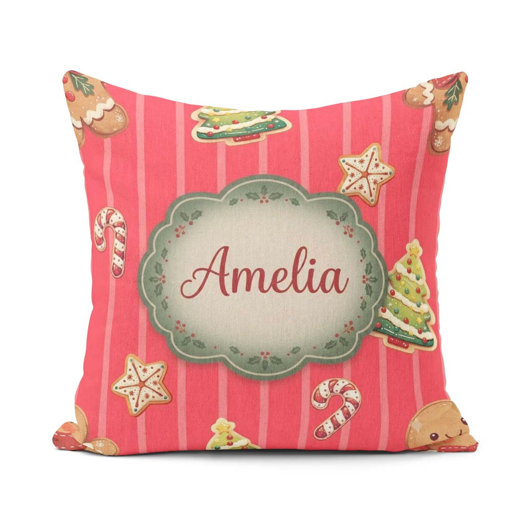 Custom Name Christmas Gingerbread Cookies Red Background Pattern Square Filled Cushion Throw Pillow Sofa Bed Home Decor Zip Washable UK Made