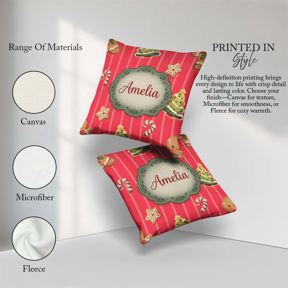 Custom Name Christmas Gingerbread Cookies Red Background Pattern Square Filled Cushion Throw Pillow Sofa Bed Home Decor Zip Washable UK Made
