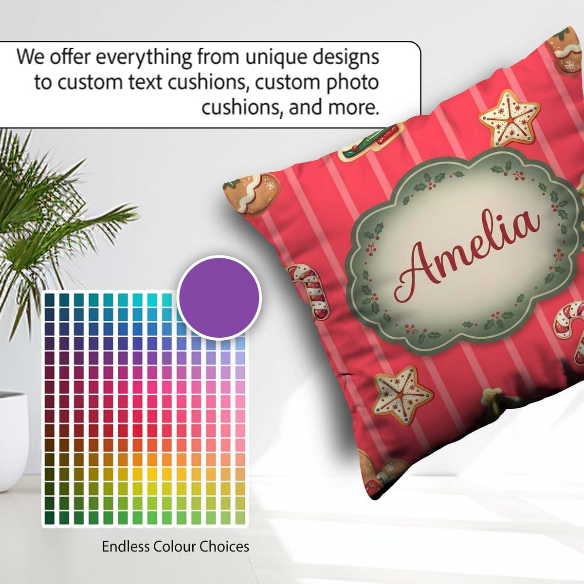 Custom Name Christmas Gingerbread Cookies Red Background Pattern Square Filled Cushion Throw Pillow Sofa Bed Home Decor Zip Washable UK Made