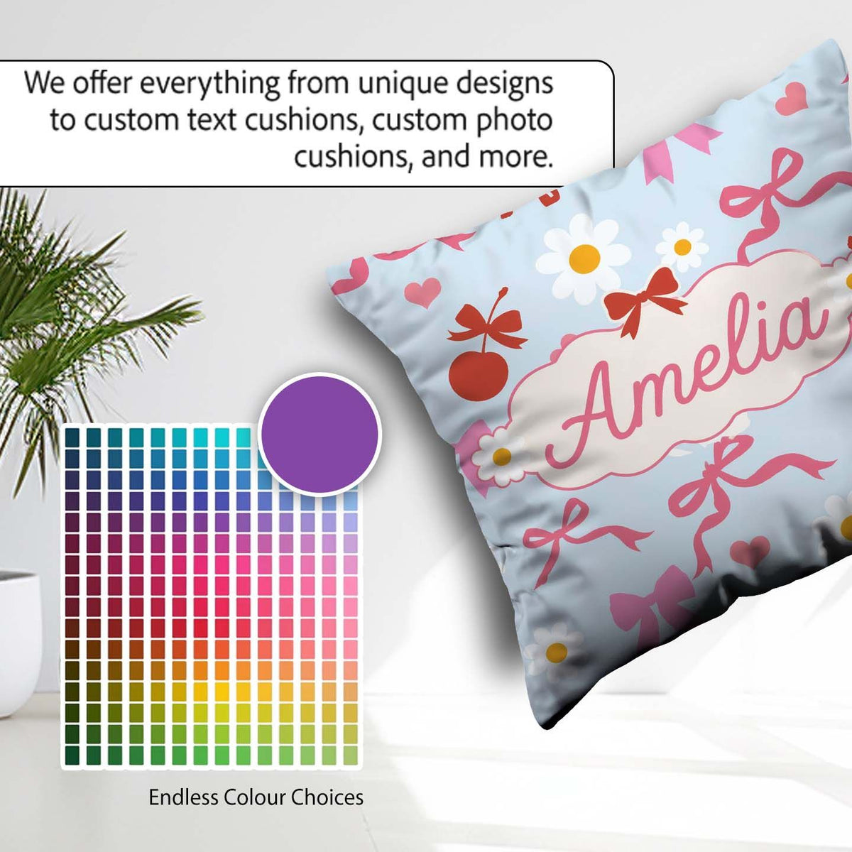 Custom Name Cute Cherry Bow Daisy Heart Seamless Pattern on Blue Square Filled Cushion Throw Pillow Sofa Bed Home Decor Zip Washable UK Made