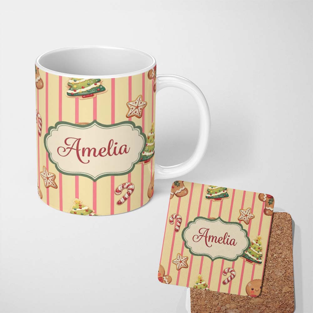 Personalized Custom Name Cute Christmas Gingerbread Cookies Yellow Background Seamless 11oz Ceramic Coffee Tea Mug White Large Handle