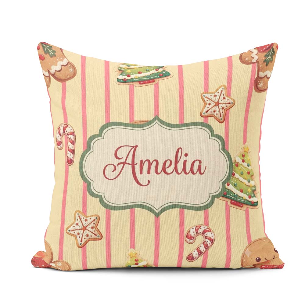 Custom Name Cute Christmas Gingerbread Cookies Yellow Background Square Filled Cushion Throw Pillow Sofa Bed Home Decor Zip Washable UK Made