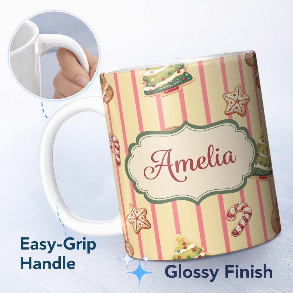 Personalized Custom Name Cute Christmas Gingerbread Cookies Yellow Background Seamless 11oz Ceramic Coffee Tea Mug White Large Handle