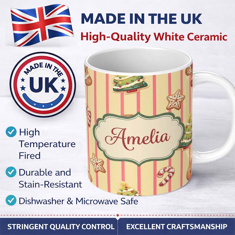 Personalized Custom Name Cute Christmas Gingerbread Cookies Yellow Background Seamless 11oz Ceramic Coffee Tea Mug White Large Handle