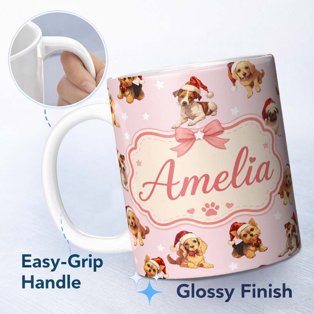 Personalized Custom Name Cute Christmas Dogs Santa Hat Pink Background Seamless Pattern 11oz Ceramic Coffee Tea Mug White Large Handle