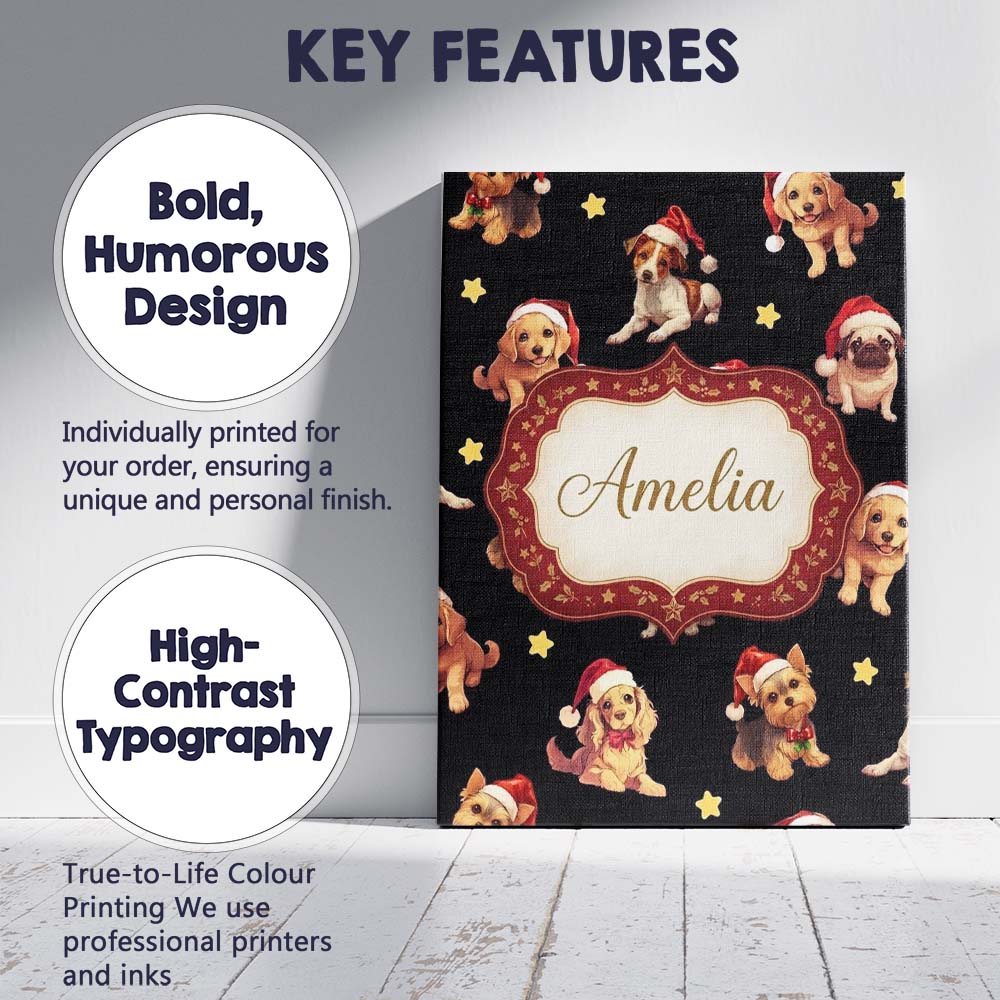 Personalised Name Cute Christmas Dogs Santa Custom Bespoke Interior Contemporary Canvas Wall Art Print Decor Picture Ready to Hang