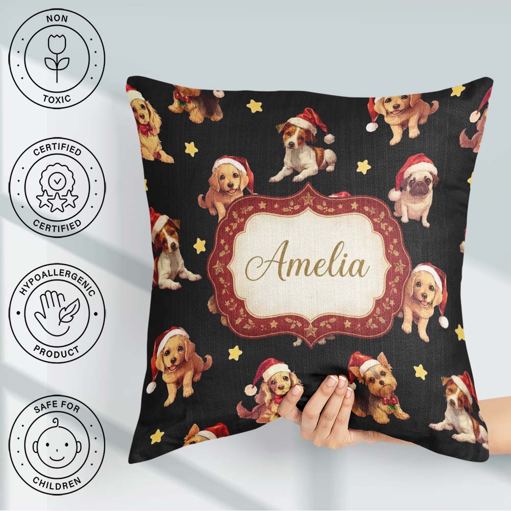 Custom Name Christmas Dogs Santa Hat Black Seamless Pattern Name Square Filled Cushion Throw Pillow Sofa Bed Home Decor Zip Washable UK Made