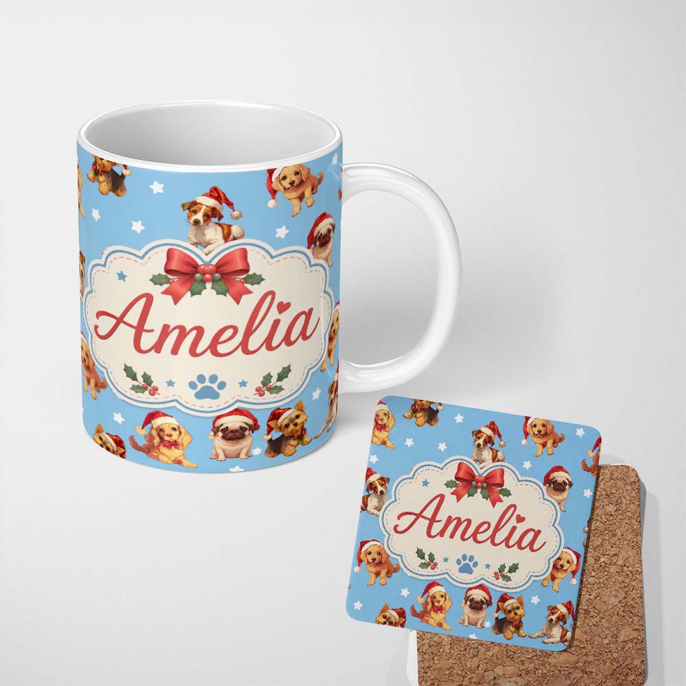 Personalized Custom Name Cute Christmas Dogs Santa Hat Blue Background Seamless Pattern 11oz Ceramic Coffee Tea Mug White Large Handle