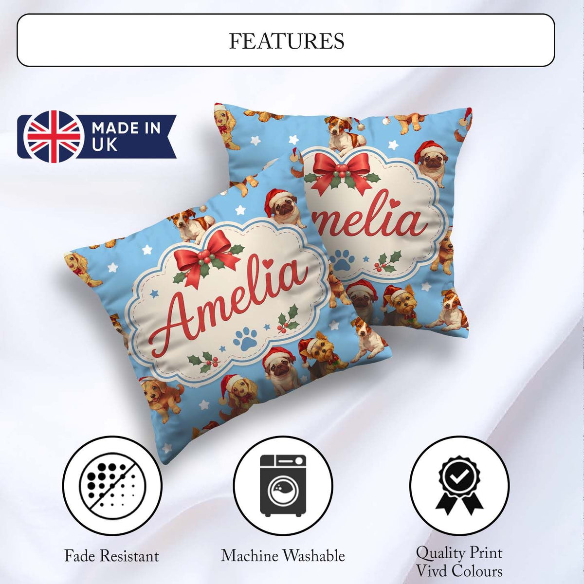 Custom Name Cute Dogs Santa Hat Blue Background Seamless Pattern Square Filled Cushion Throw Pillow Sofa Bed Home Decor Zip Washable UK Made