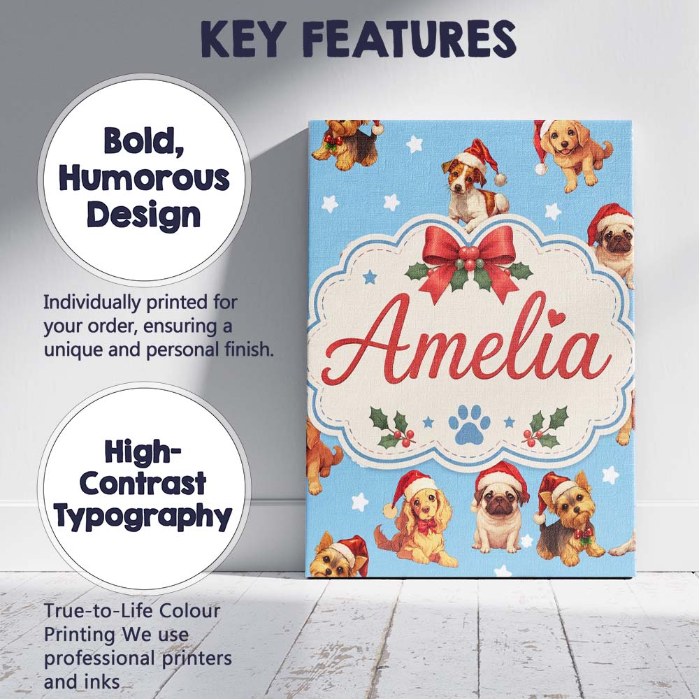 Personalised Name Cute Christmas Dogs Santa Custom Bespoke Interior Contemporary Canvas Wall Art Print Decor Picture Ready to Hang
