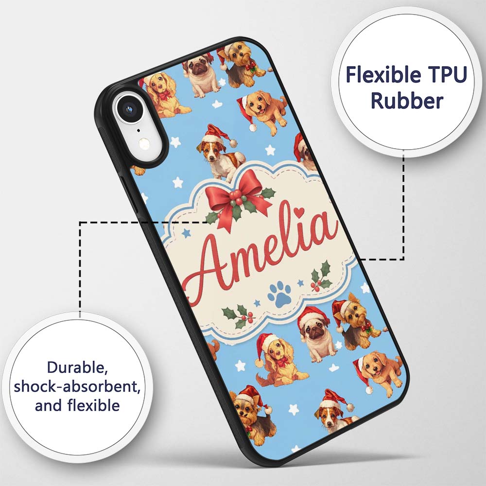 Cute Christmas Dogs Santa Hat Blue Background Custom Name Protective Phone Case Mobile Cover Durable Everyday Smartphone Shock Resistant
