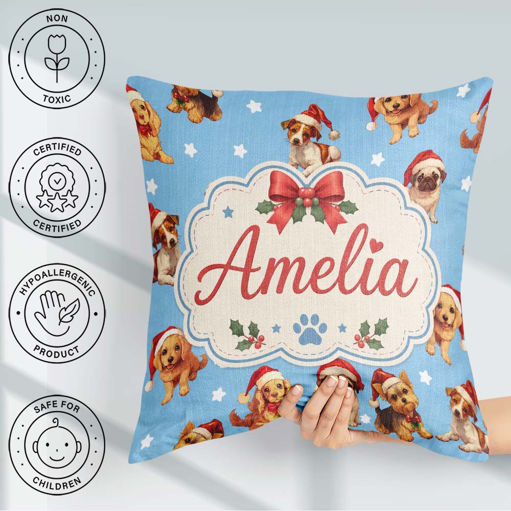 Custom Name Cute Dogs Santa Hat Blue Background Seamless Pattern Square Filled Cushion Throw Pillow Sofa Bed Home Decor Zip Washable UK Made
