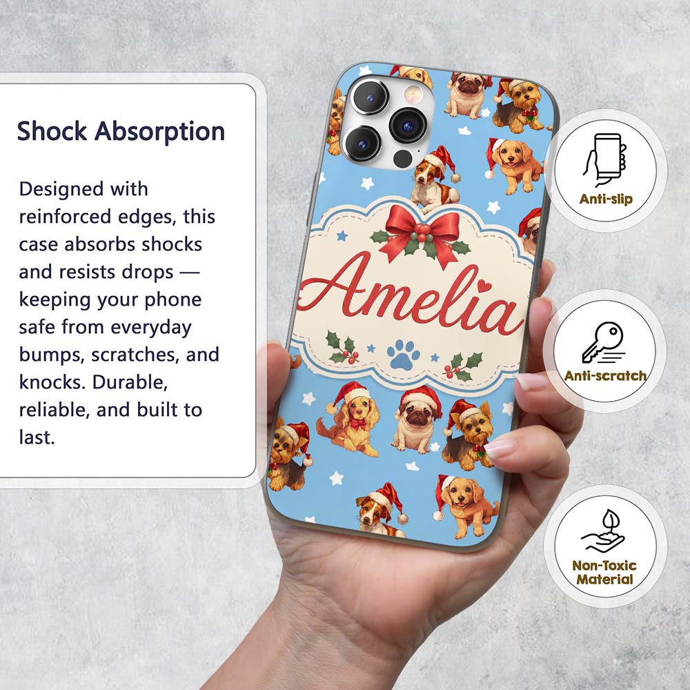 Cute Christmas Dogs Santa Hat Blue Background Custom Name Protective Phone Case Mobile Cover Durable Everyday Smartphone Shock Resistant