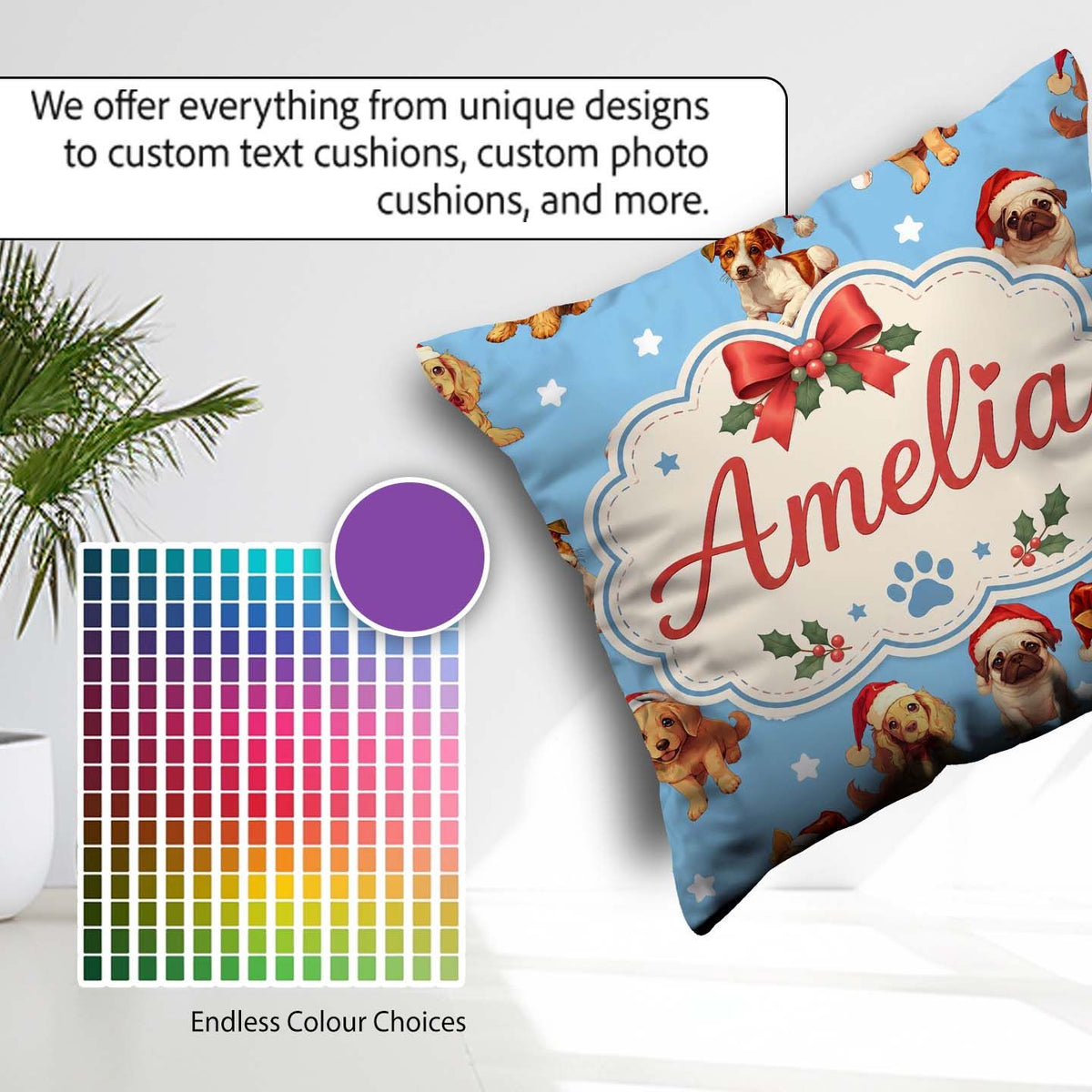 Custom Name Cute Dogs Santa Hat Blue Background Seamless Pattern Square Filled Cushion Throw Pillow Sofa Bed Home Decor Zip Washable UK Made