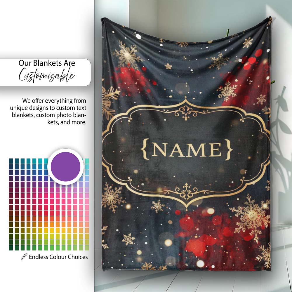 Dark Festive Snowflake Sparkle Seamless Pattern Perfect Gift for Her Personalised Custom Name Super Soft Fleece Blanket Bed Sofa Throw