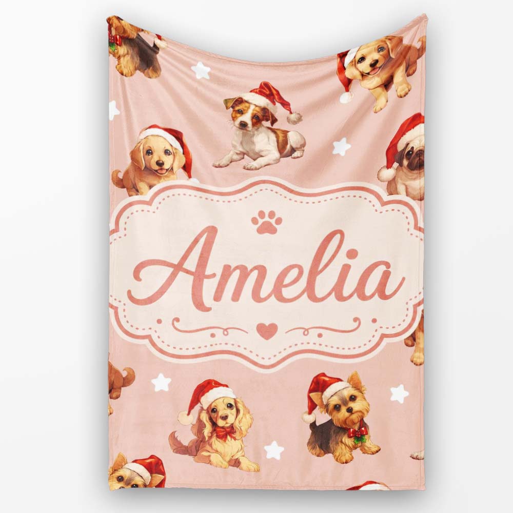 Cute Christmas Dogs Santa Hat Peach Background Seamless Pattern Name Personalised Custom Name Super Soft Fleece Blanket Bed Sofa Throw