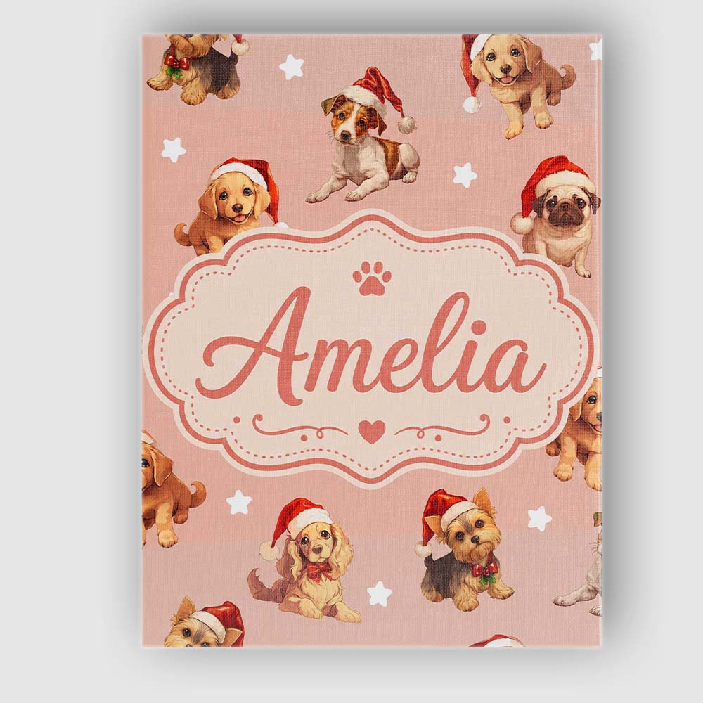 Personalised Name Cute Christmas Dogs Santa Custom Bespoke Interior Contemporary Canvas Wall Art Print Decor Picture Ready to Hang
