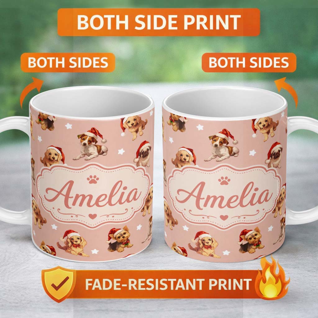 Personalized Custom Name Cute Christmas Dogs Santa Hat Peach Background Seamless Pattern Name 11oz Ceramic Coffee Tea Mug White Large Handle